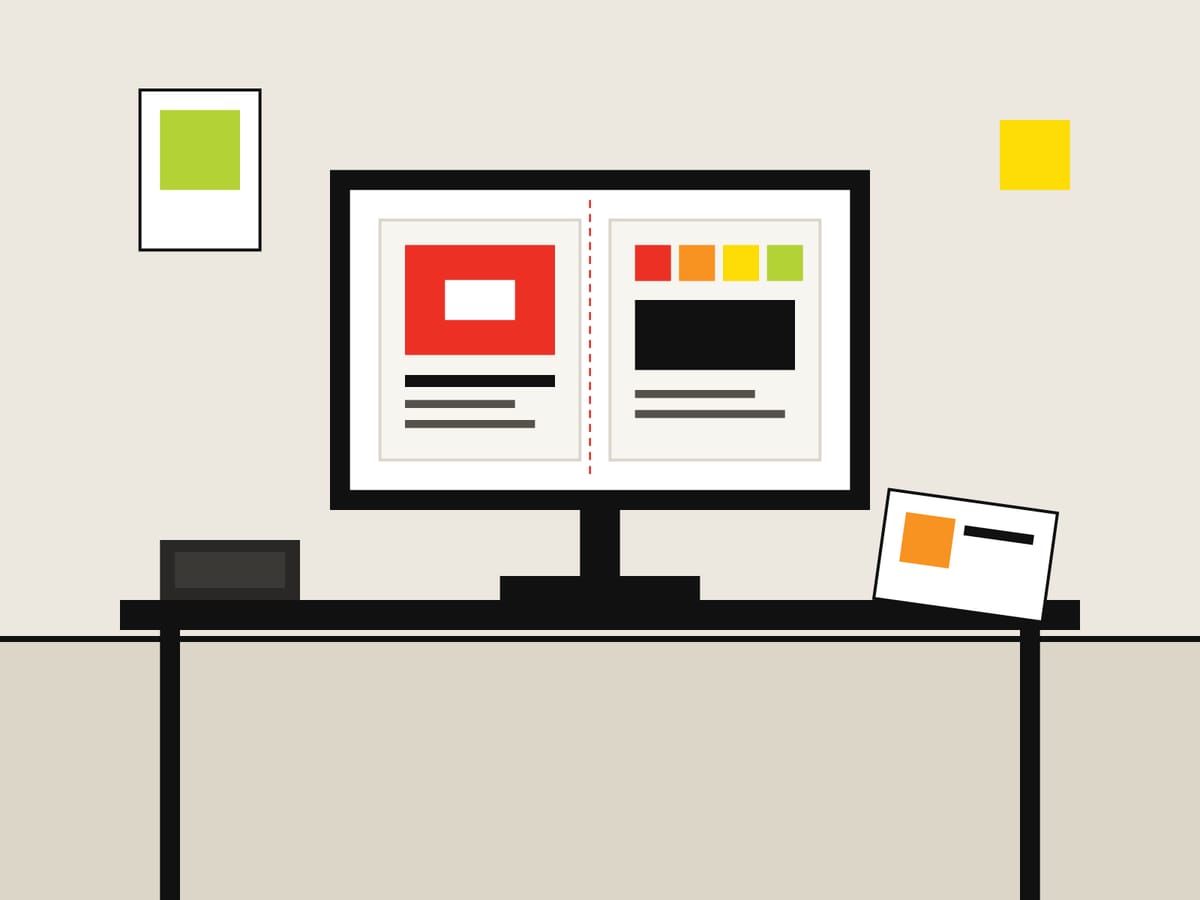 Postazione grafica: a schermo l’impaginato di un volantino con i tracciati di taglio